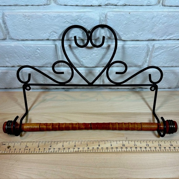 Folk Art Wrought Iron Hearts Paper Towel Holder with Wood Dowel - Picture 1 of 5